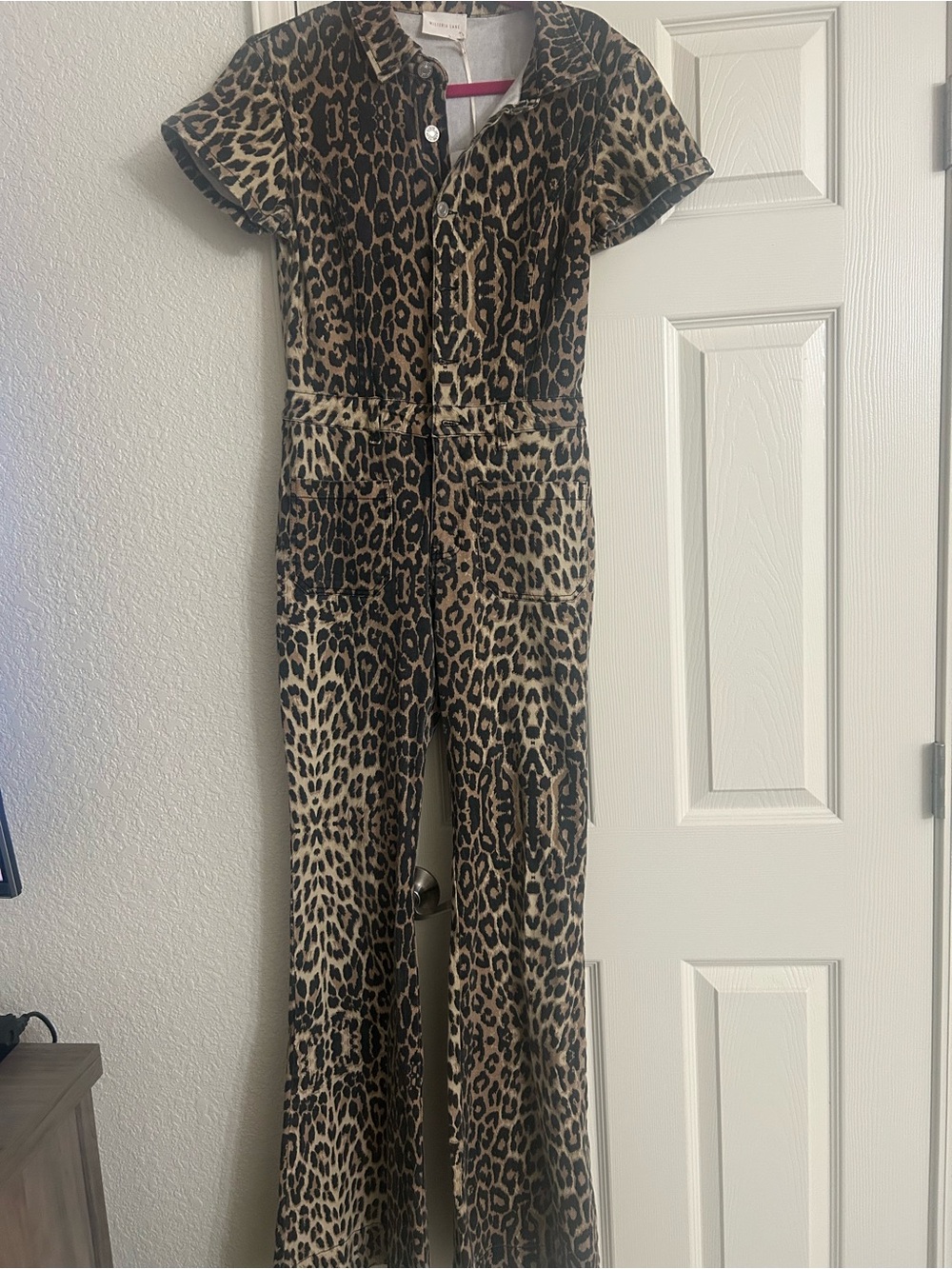 Leopard-Print Short Sleeve Utility Jumpsuit in Brown
